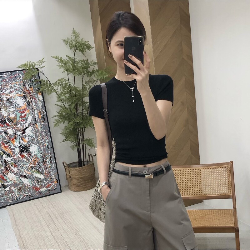 纯欲圆领正肩针织短袖t恤女春夏修身收腰包袖打底上衣紧身内搭潮