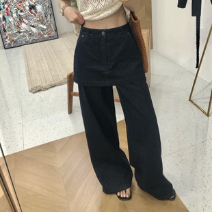 长裤 显瘦设计感假两件屁帘高腰阔腿直筒牛仔裤 女 韩版 2026春夏新款
