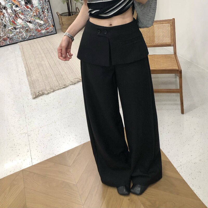 中古时髦气质黑色设计感多种穿法屁帘设计垂感阔腿西装裤休闲西裤