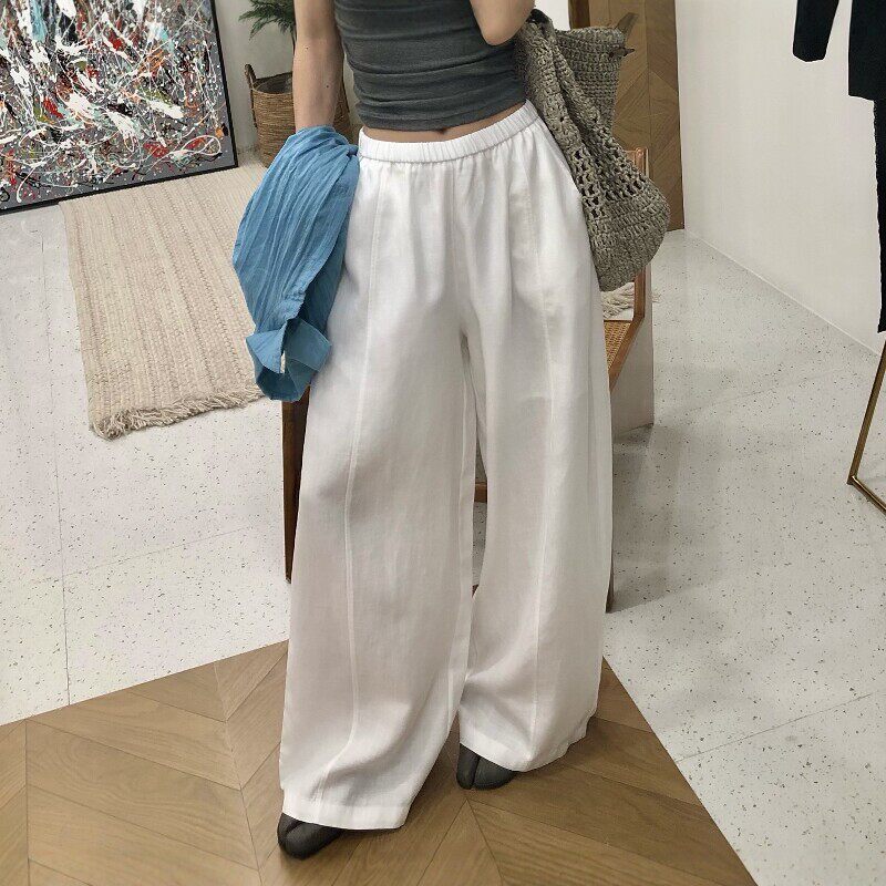 2026夏季天丝弯刀亚麻垂感松紧腰女款宽松直筒慵懒风阔腿休闲裤子