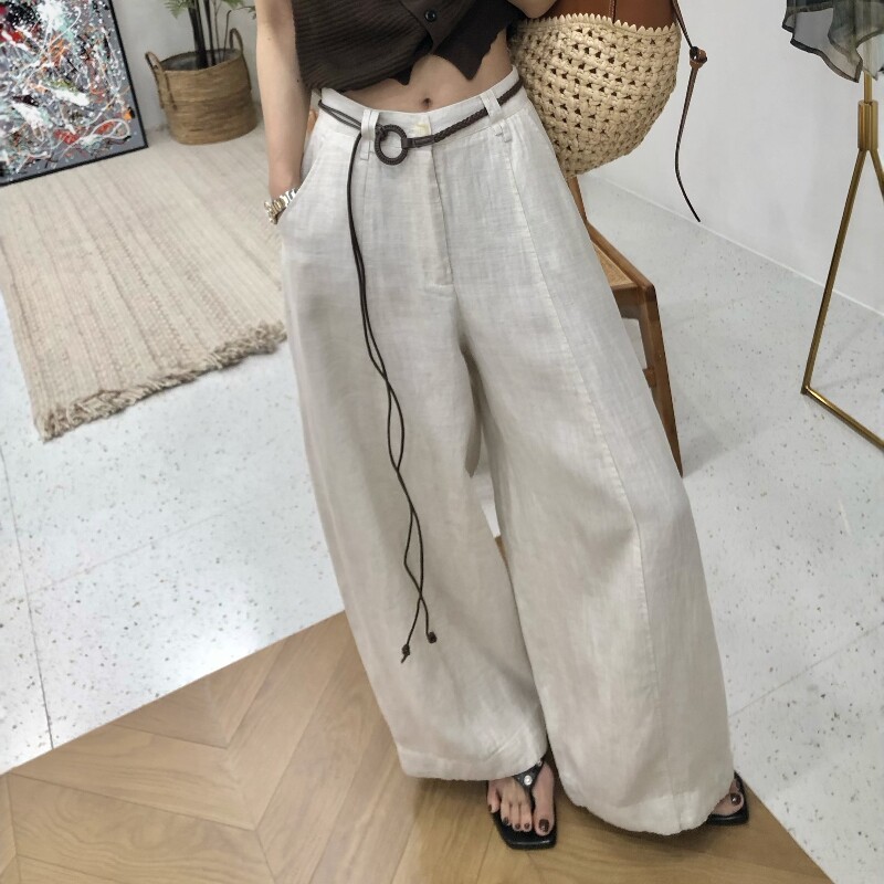2026夏季薄款亚麻弯刀阔腿女高腰宽松直筒休闲裤天丝长裤（配腰带