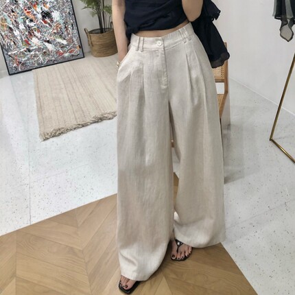 2026夏季新款莱赛尔天丝亚麻裤子女薄款垂感老钱风阔腿直筒休闲裤