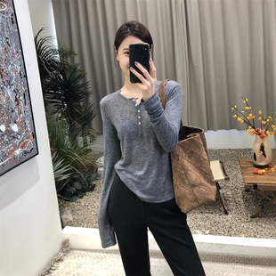 天絲羊毛亨利領長袖 上衣 百搭顯瘦半開領微透打底衫 T恤女2025秋季