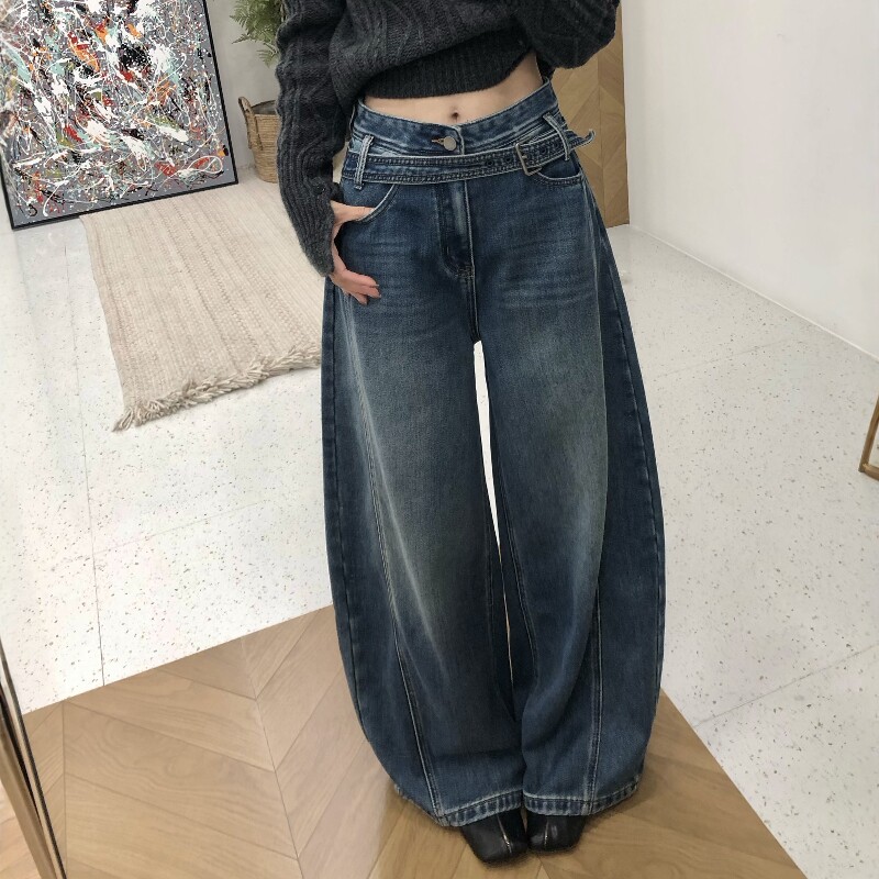 2026年秋冬季新款阔腿牛仔裤女加绒显瘦宽松韩版拖地镰刀裤直筒裤