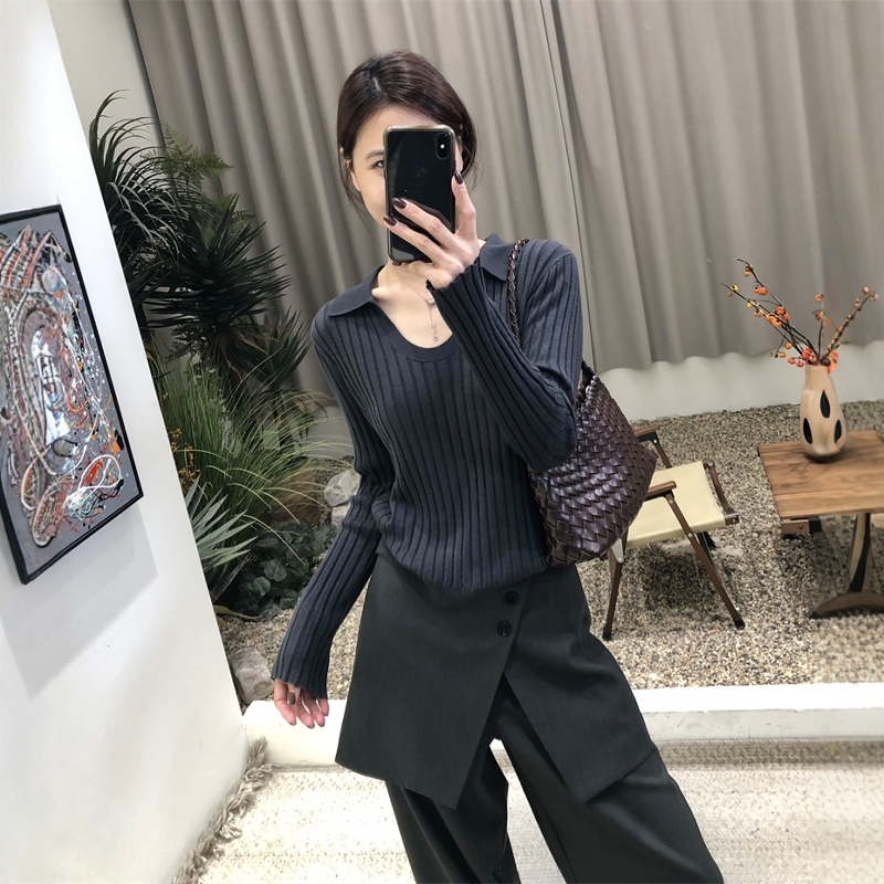 复古坑条羊毛针织衫女POLO衫