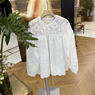 气质时尚 法式 感重工钩花拼接圆领灯笼袖 镂空长袖 2026春季 衬衫 新款