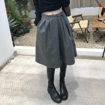 2025年秋季高腰韩系时尚百搭复古气质显瘦绑带格子半身裙A字裙女