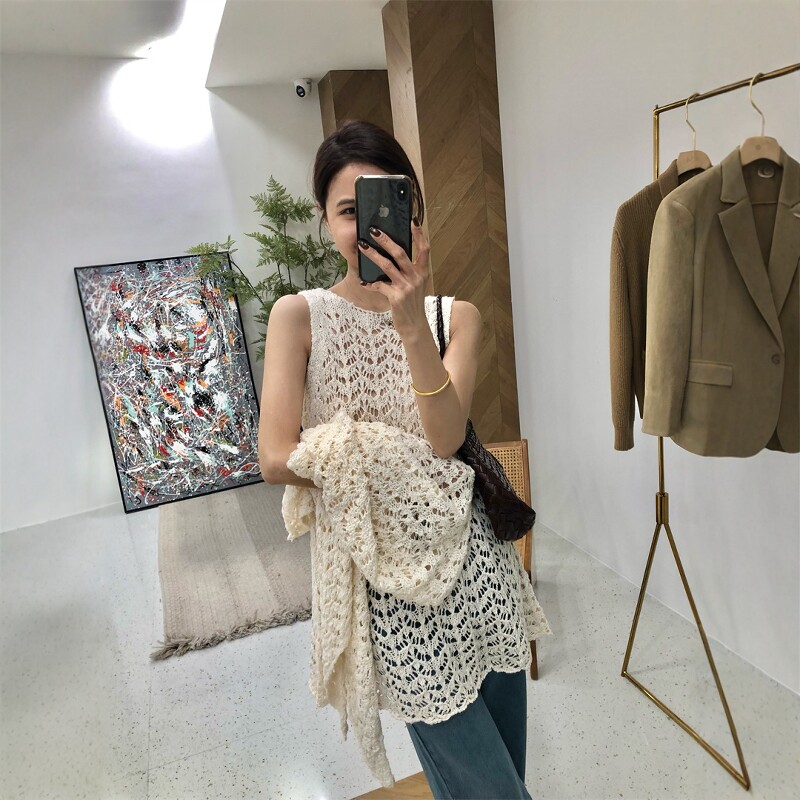 2026春季新款针织镂空屁帘上衣女背心裙无袖圆领百搭叠穿透气罩衫