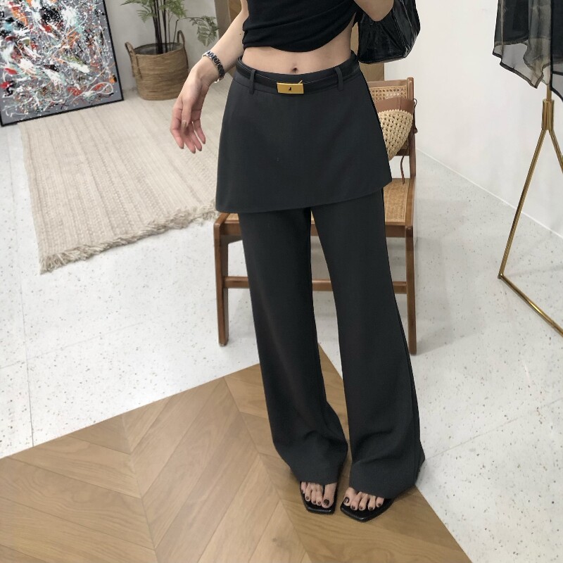 2026夏季新款韩版高腰显瘦假两件屁帘微喇休闲裤女通勤百搭长裤子