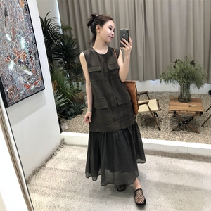 法式天丝亚麻连衣裙女夏2025新款复古气质无袖拼接鱼尾裙摆背心裙