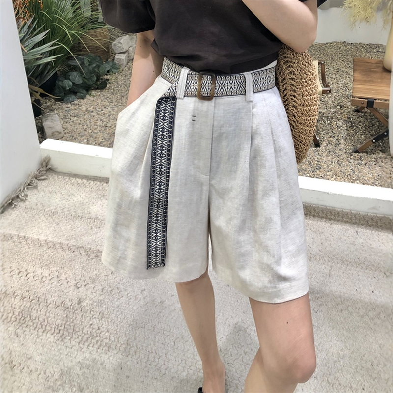 复古苎麻短裤女2025夏高腰小个子织花腰带薄款阔腿休闲a字五分裤