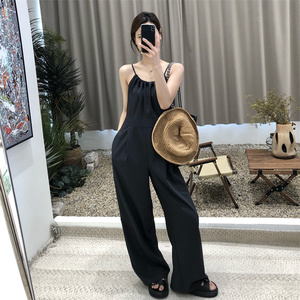 2023夏季韩版简约吊带露背连体裤女休闲显瘦百搭中腰拖地阔腿裤
