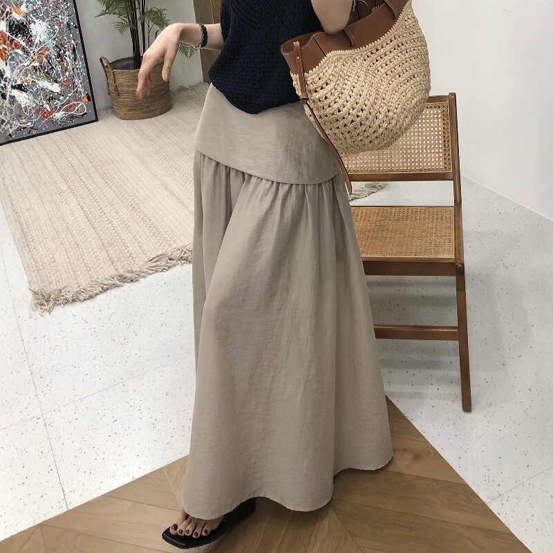 韩国设计感高腰收腹百褶别致半身裙女夏垂感宽松遮肉纱裙a字长裙