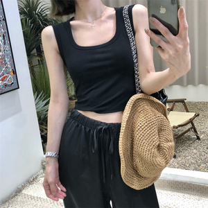 2023夏季复古宽边吊带工字背心女黑色无袖遮副乳高弹修身百搭上衣