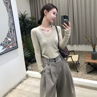韩版简约U领长袖针织衫