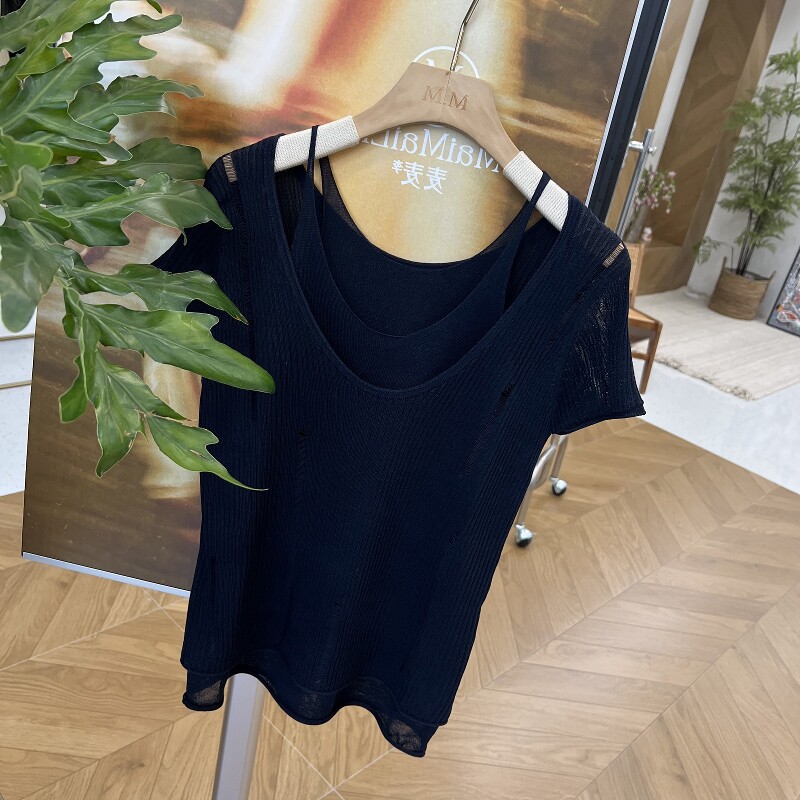 亚麻天丝假两件马甲短袖背心针织衫薄款韩系设计感小个子上衣女夏