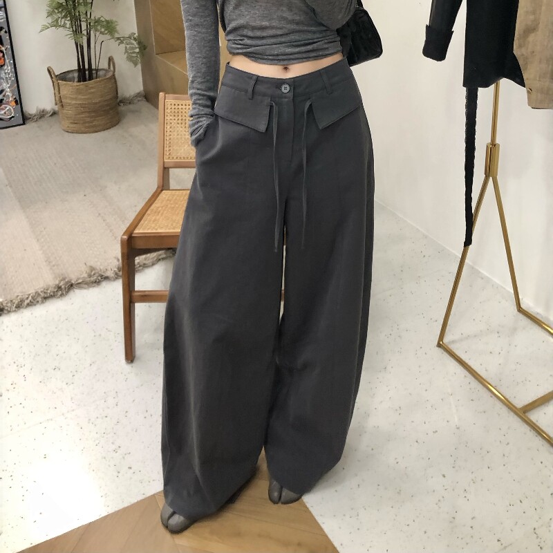 韩式复古棉麻阔腿裤女2026春夏系带高腰垂感休闲宽松亚麻直筒长裤