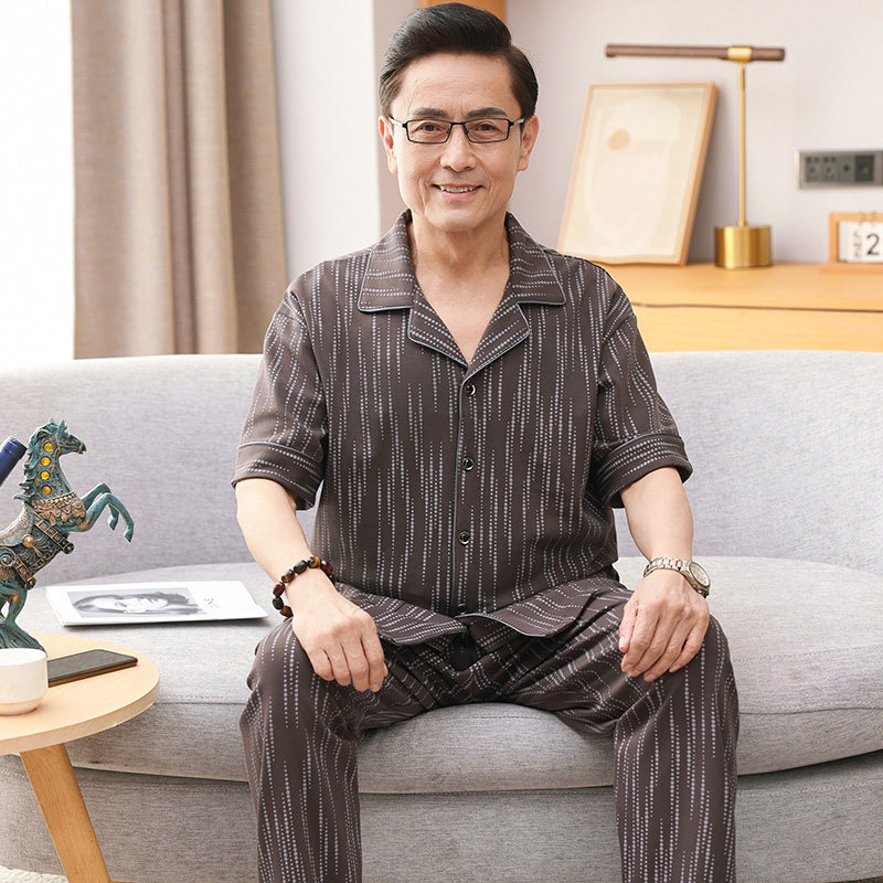 中老年男士睡衣夏季纯棉短袖长裤半袖中年爸爸家居服夏天薄款套装