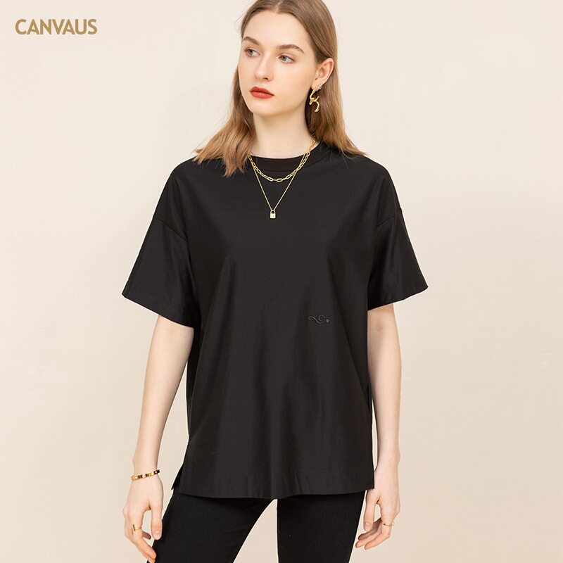 CANVAUS韩版圆领宽松落肩袖休闲女装上衣卡通绣花潮牌白色短袖T恤