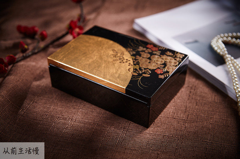 日本进口山中漆器首饰盒金箔带镜桌面饰品收纳盒储物盒结婚礼物