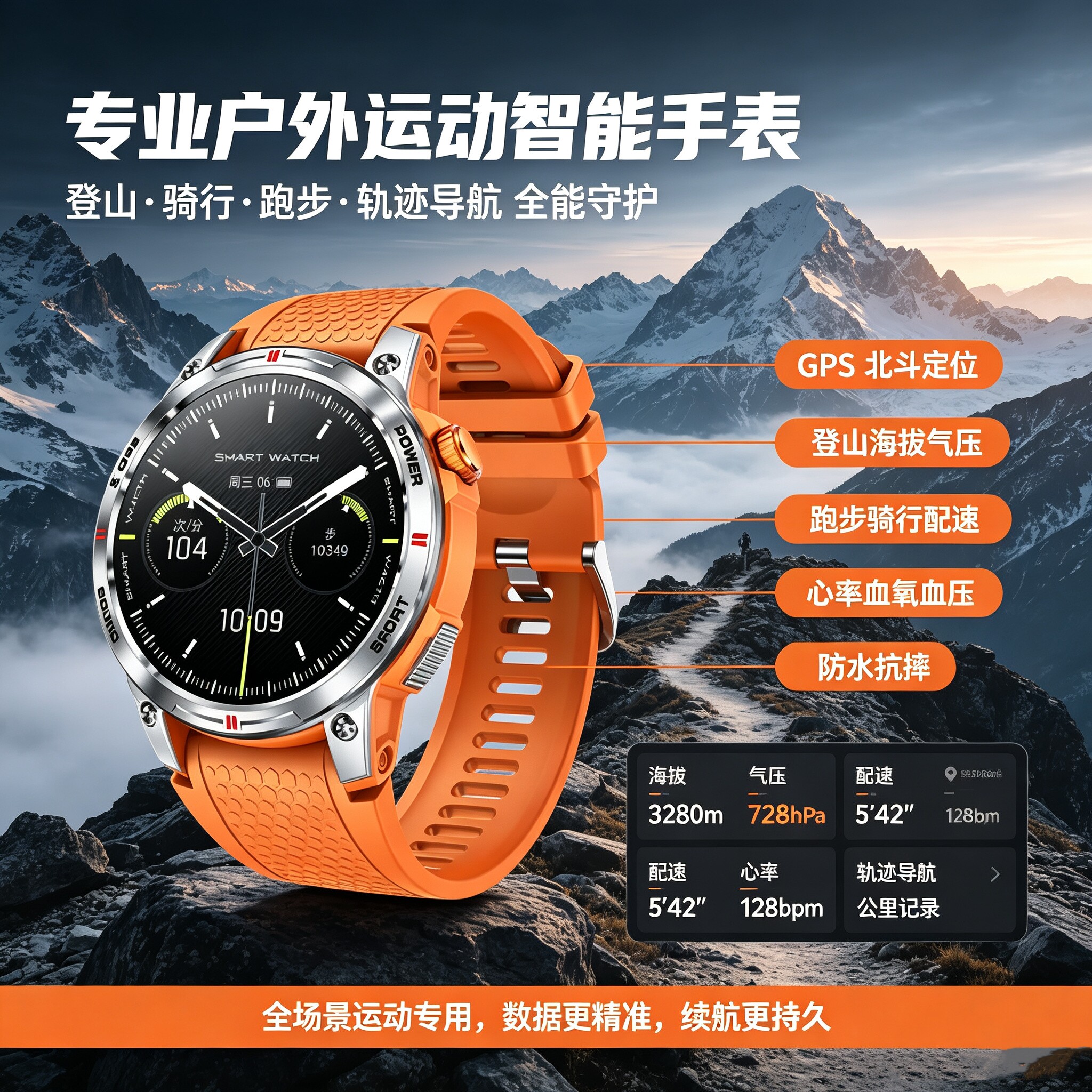 GPS心率血氧跑步海拔高度骑行轨迹配速心率户外运动智能防水手表