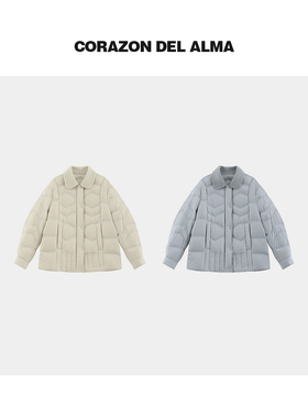 【流霜】复古叠穿风翻领羊毛呢拼接立体绗缝白鸭绒羽绒服-A3213