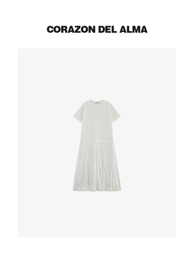 【笃白】不挑身材 亲肤高密长绒棉 光泽捏褶轻盈感短袖连衣裙-561