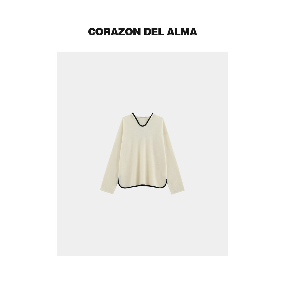 复古撞色连帽套头廓形毛衣