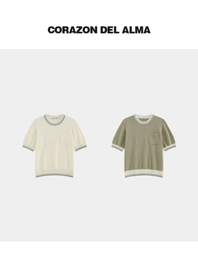 【茶盏】干爽可机洗棉曲纱 复古撞色圆领百搭毛织短袖上衣-WAW246