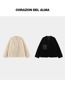 【繁绒】升级厚密100绵羊毛皮毛一体v领拼皮口袋毛毛外套-16325