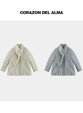 【游雾】简约设计感双面呢立体围巾中长款廓形白鸭绒羽绒服-E2225