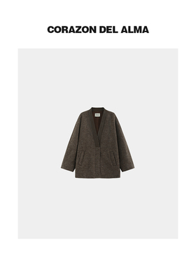 【香珮】时髦V领拼皮线条感厚垂显瘦羊毛混纺廓形毛呢外套-T089NJ