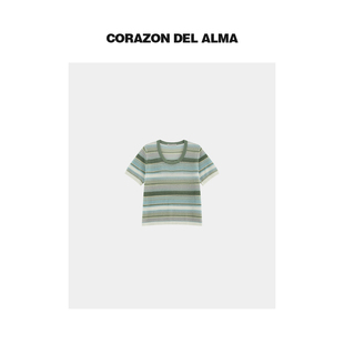 复古彩色条纹镂空毛织上衣 干爽凉感透气天丝亚麻 DD0024 青柠