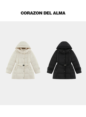 【豆荚】高密防泼水可拆卸帽收腰立体显瘦中长款白鹅绒羽绒服-692