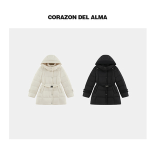 【豆荚】高密防泼水可拆卸帽收腰立体显瘦中长款白鹅绒羽绒服-692