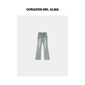 5970 加厚抓绒自然水洗复古高腰微喇显瘦牛仔裤 茵曼 修腿神裤