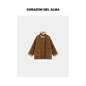 绵密加厚100绵羊毛复古麂皮反绒翻领廓形毛毛外套 棕榈 W25207