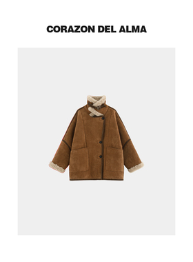 【棕榈】绵密加厚100绵羊毛复古麂皮反绒翻领廓形毛毛外套-W25207