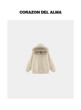 【馥记】气质超大狐狸毛领加厚微卷绒+三星90鹅绒连帽羽绒服-1381