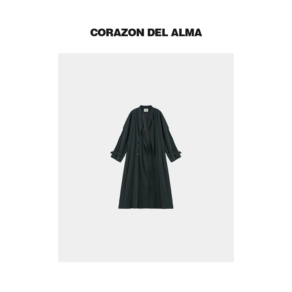 荡领立体捏褶中长款风衣