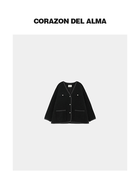 【夜露】重磅立体编织圈圈纱羊毛呢撞边随性V领廓形大衣外套-T080