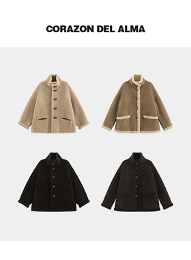 【拿铁】复古加厚两面穿100绵羊毛一体工艺保暖立领毛毛外套-5126