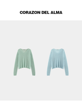 【青萝】重磅天丝羊绒混纱亲肤慵懒V领显瘦毛织套头针织衫-WAW41