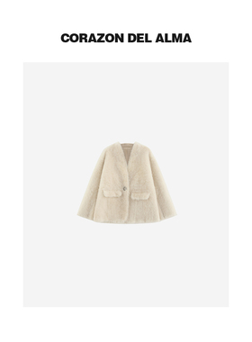 【豫美】高级西班牙进口原毛拉贡 皮毛一体V领廓形皮草外套-56844