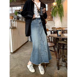新款 复古牛仔鱼尾半身裙女中长款 高腰显瘦A字包臀裙 JHXC 2023春季