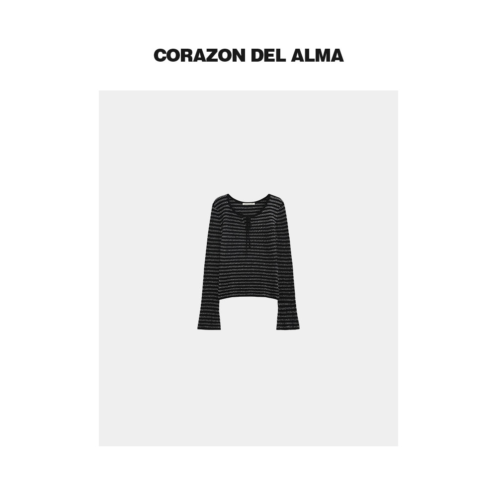 【简素】立体花式圈圈棉纱 显瘦条纹喇叭袖v领毛织长袖上衣-AW233