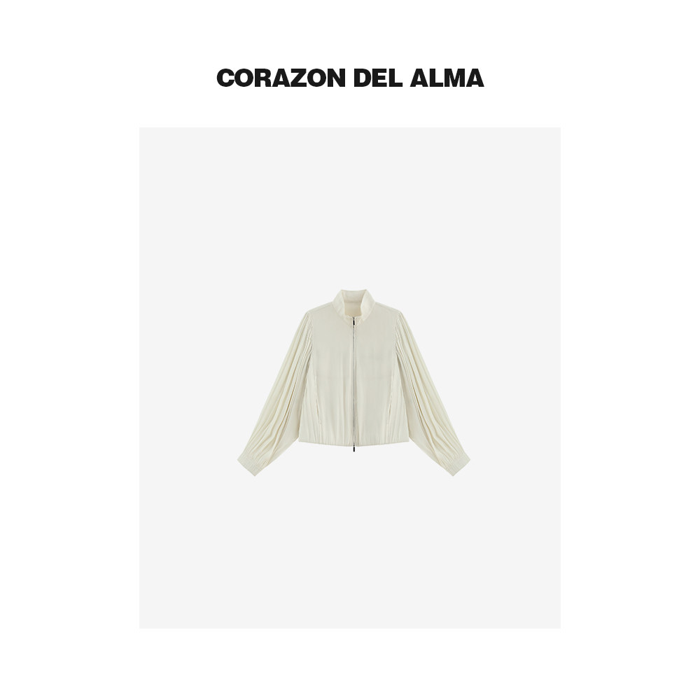 缎面光泽感褶皱垂柔立领拉链外套