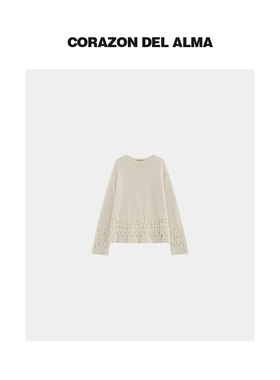 【花泪】干爽和纸棉纱 复古度假镂空氛围感显瘦大圆领长袖毛衣241