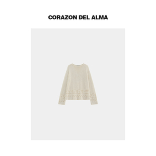 复古度假镂空氛围感显瘦大圆领长袖 干爽和纸棉纱 毛衣241 花泪