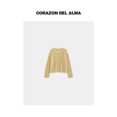 复古立体花边圆领毛织开衫